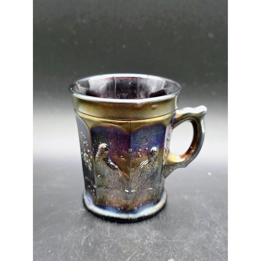 Antique Northwood Carnival Glass Singing Birds Amethyst Purple Mug Iridescent